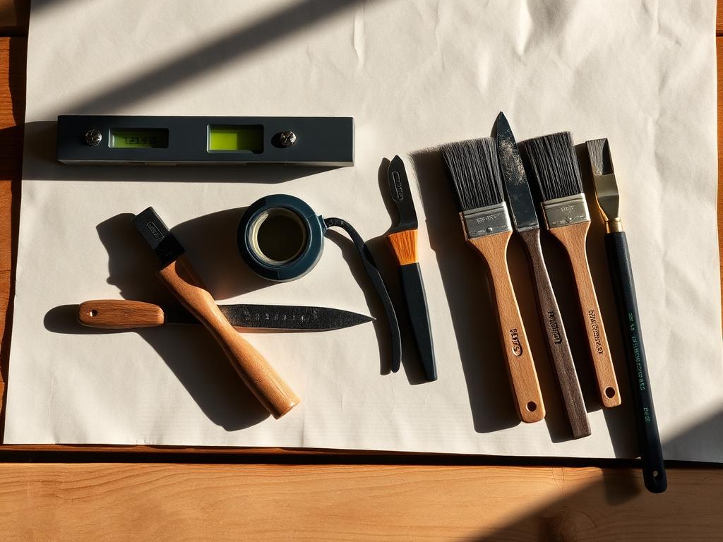 Craftsman tools arranged on a wooden workbench