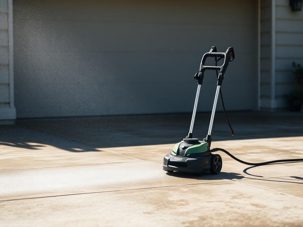 Pressure washer cleaning a concrete driveway